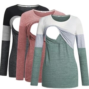 Bearsland Colorblock Nursing Long Sleeve Top - Green, Pink, Black